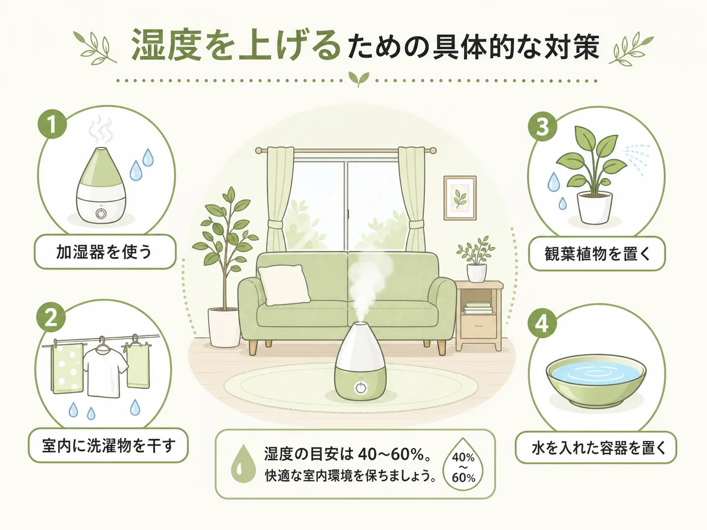 上がらない 冬の湿度を上げるための具体的な対策を表す図解イラスト