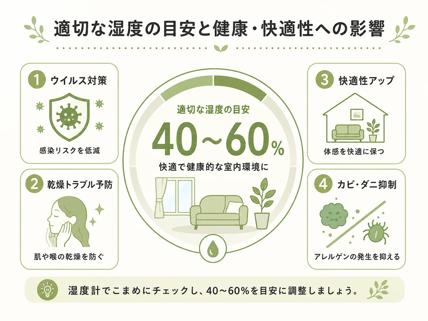 上がらない 冬の適切な湿度の目安と健康・快適性への影響を表す図解イラスト