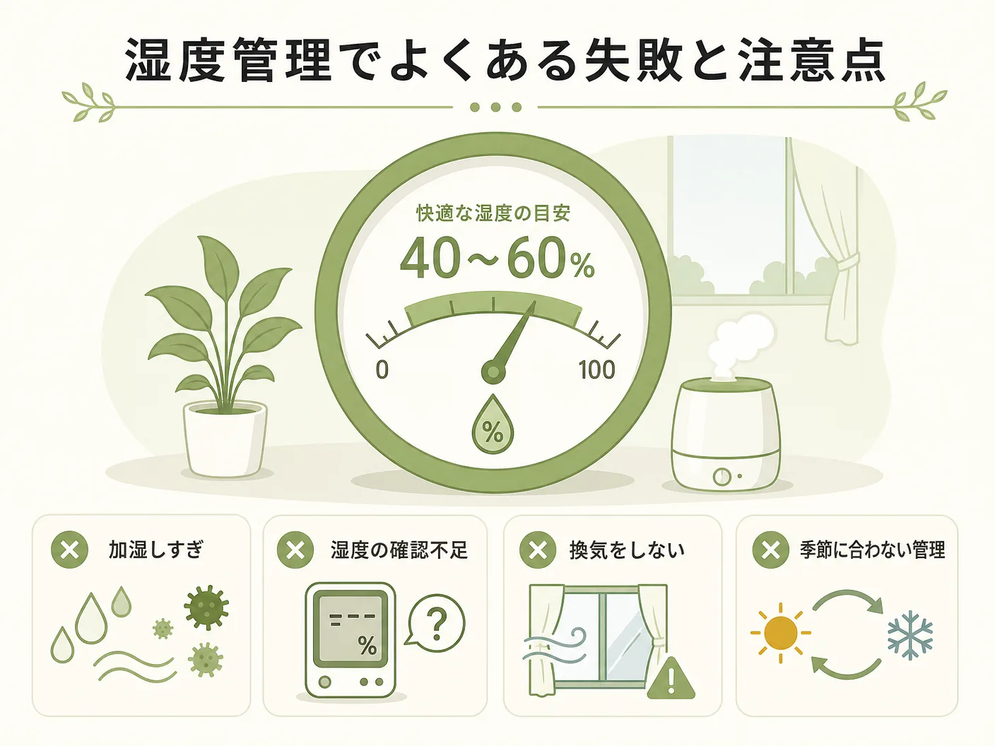 上がらない 冬の湿度管理でよくある失敗と注意点を表す図解イラスト