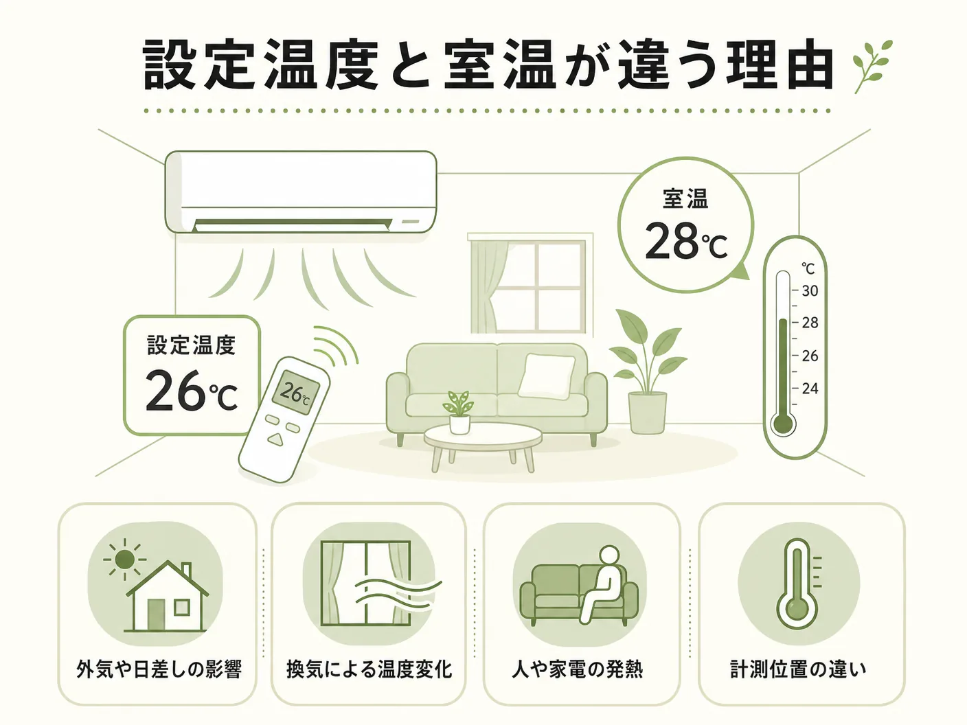 冬 快適の設定温度と室温が違う理由を表す図解イラスト