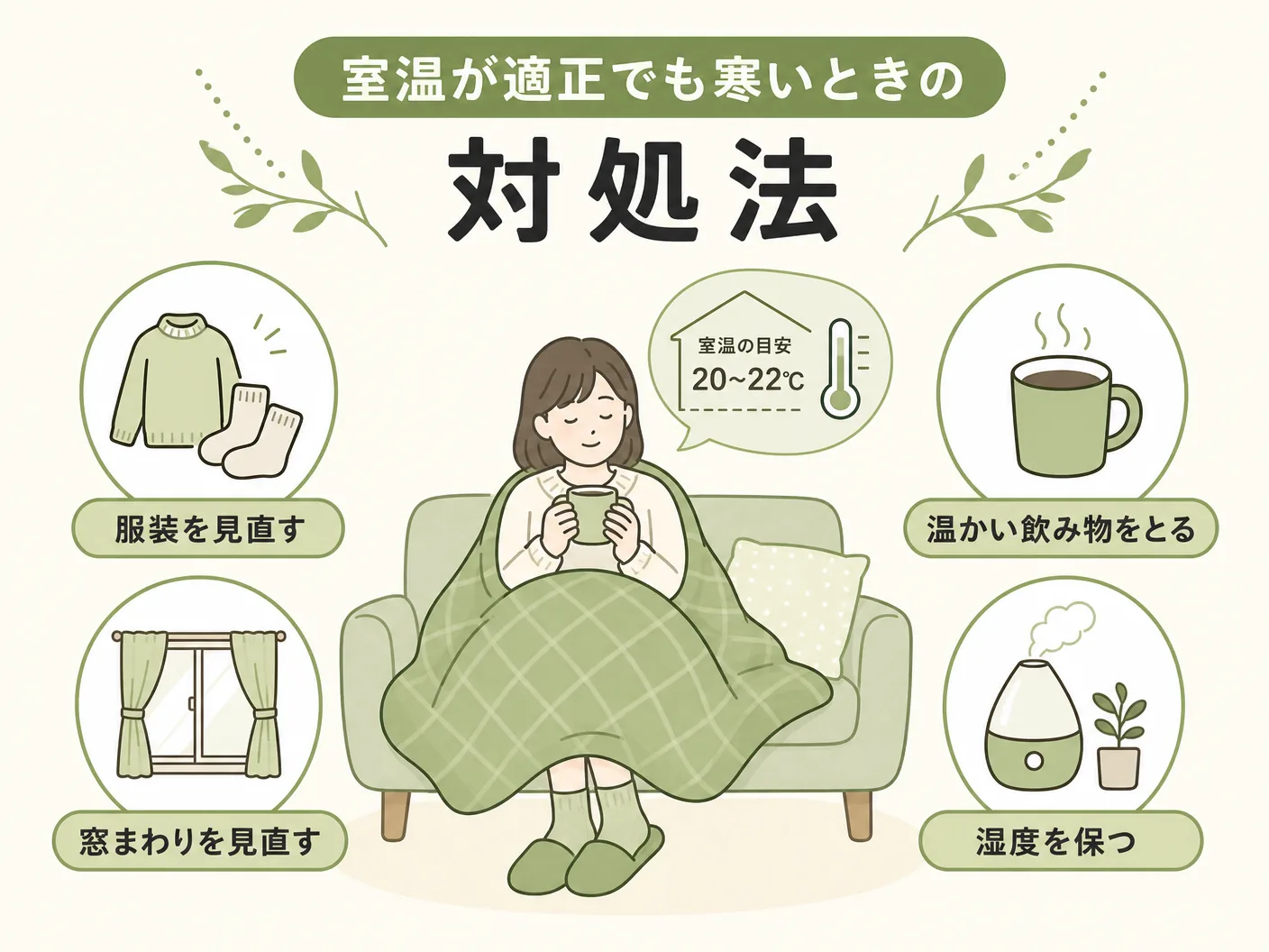 冬 快適の室温が適正でも寒いときの対処法を表す図解イラスト