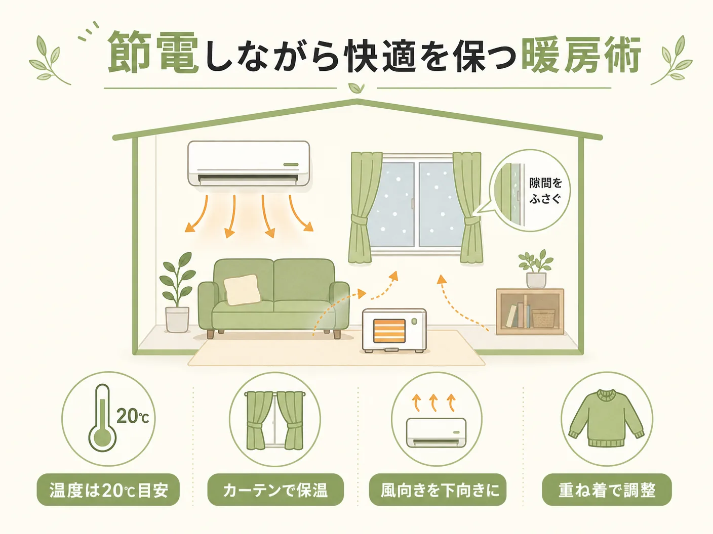 冬 室温の節電しながら快適を保つ暖房術を表す図解イラスト