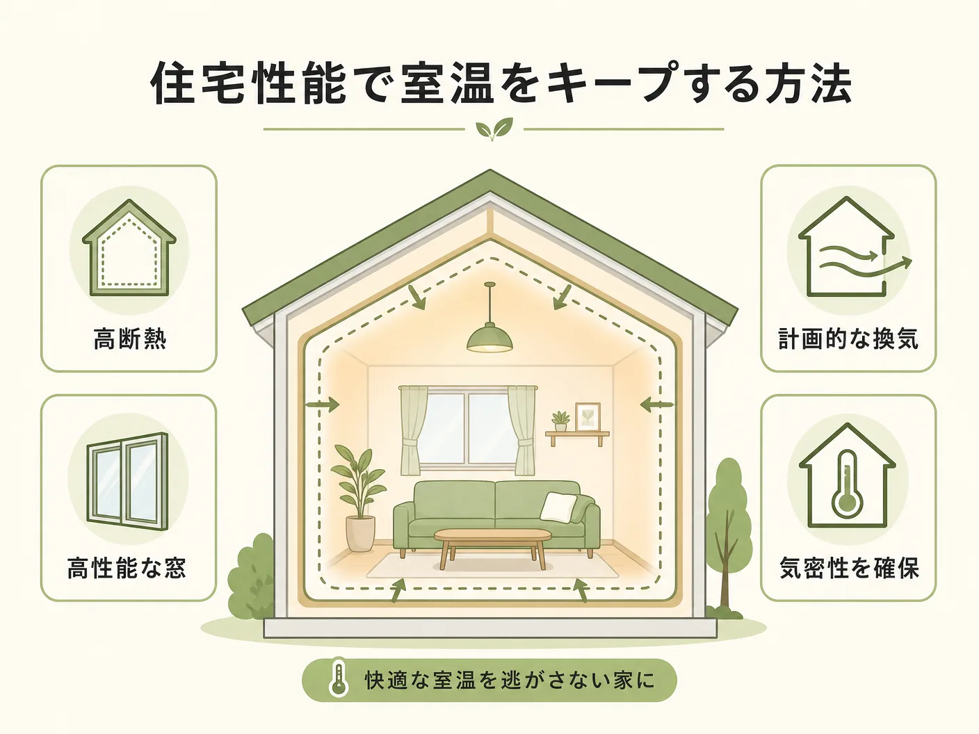 冬 快適の住宅性能で室温をキープする方法を表す図解イラスト