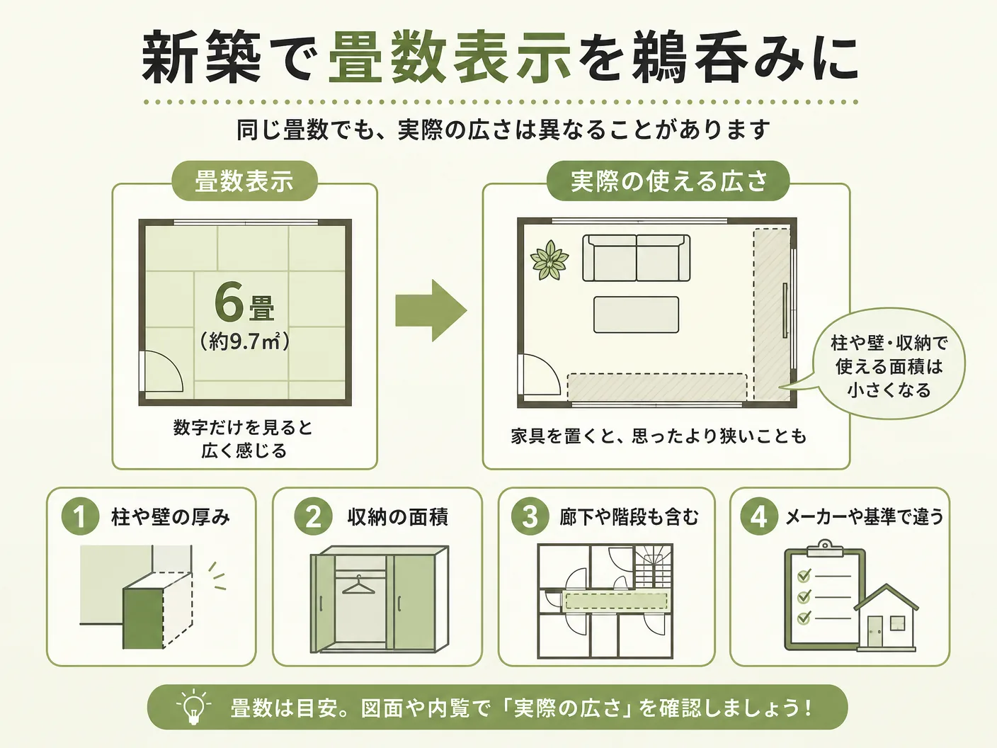 エアコン 選び方の新築で畳数表示を鵜呑みにしてはいけない理由を表す図解イラスト