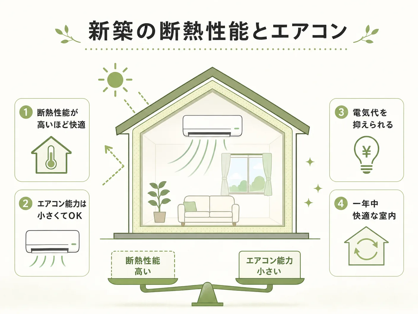 畳数 選び方の新築の断熱性能とエアコン能力の関係を表す図解イラスト