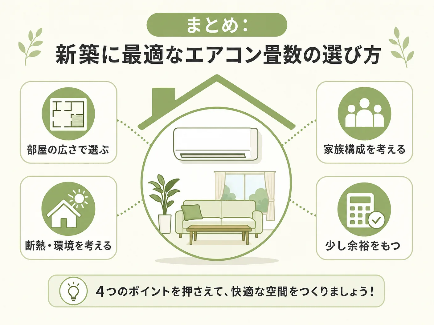 まとめ：新築に最適なエアコン畳数の選び方を表す図解イラスト