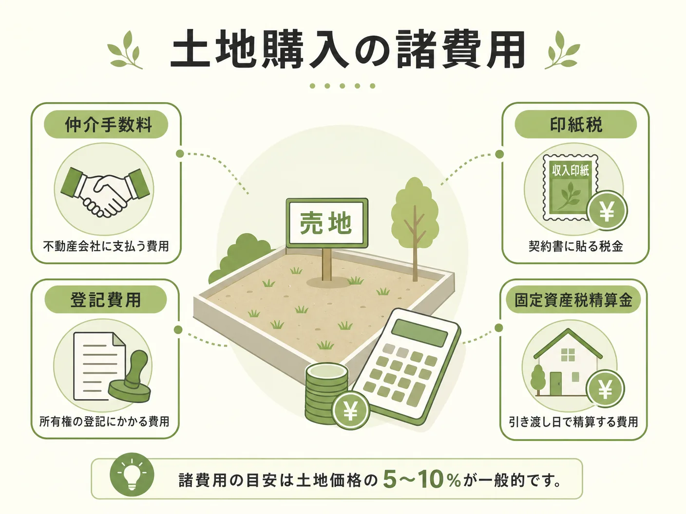 注文住宅 いくらの土地購入時にかかる諸費用の詳細を表す図解イラスト