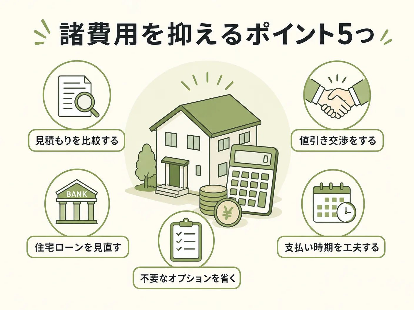 注文住宅 いくらの諸費用を抑えるポイント5つを表す図解イラスト