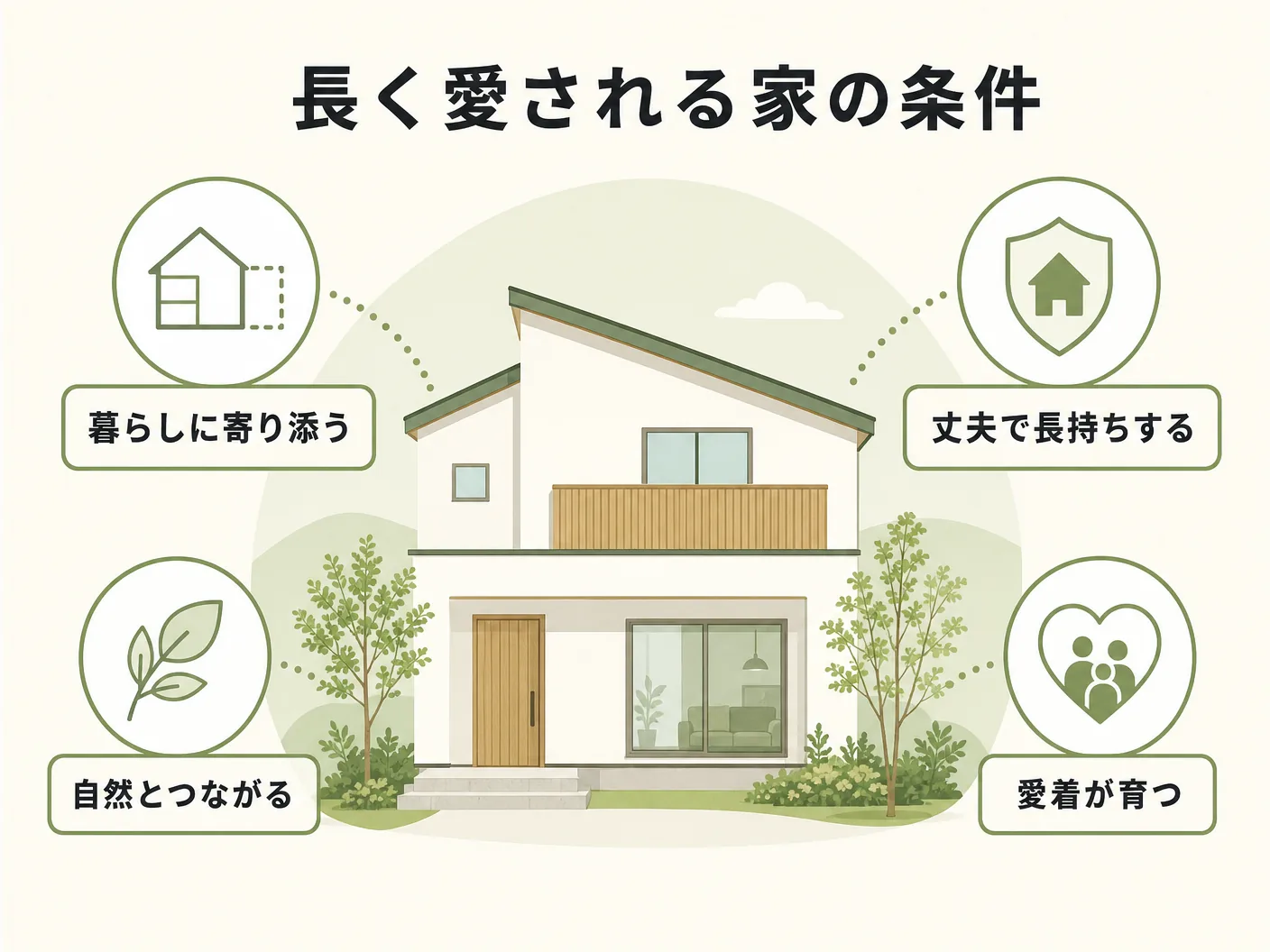 耐久性 注文住宅 素材選びの「長く愛される家」の条件をつくり手に聞いてみたを表す図解イラスト