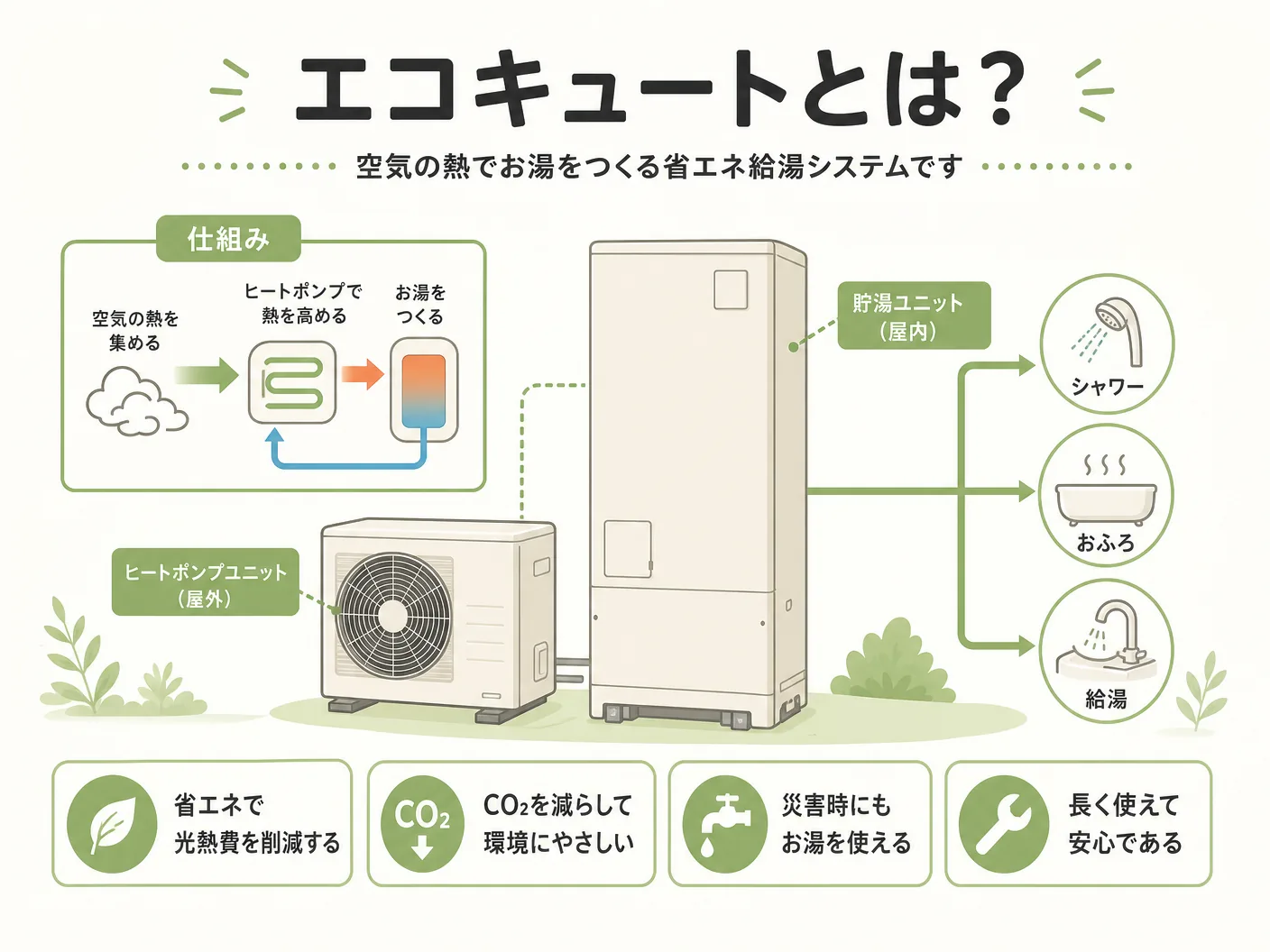 デメリット 注文住宅のエコキュートとは？仕組みと基礎知識を表す図解イラスト