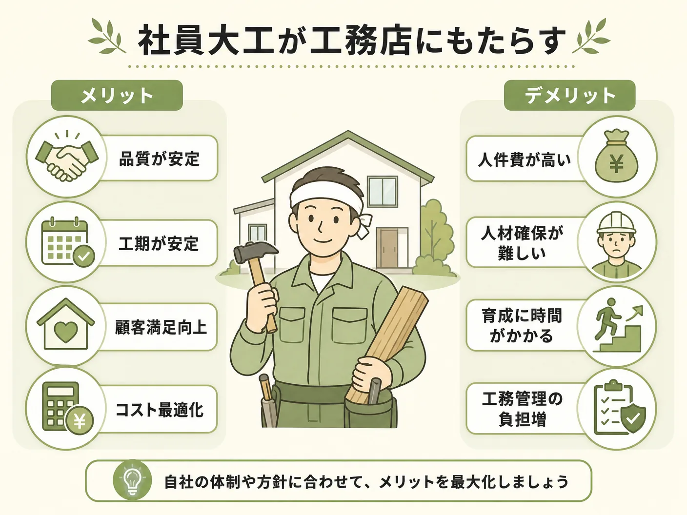 育成の社員大工が工務店にもたらすメリット・デメリットを表す図解イラスト