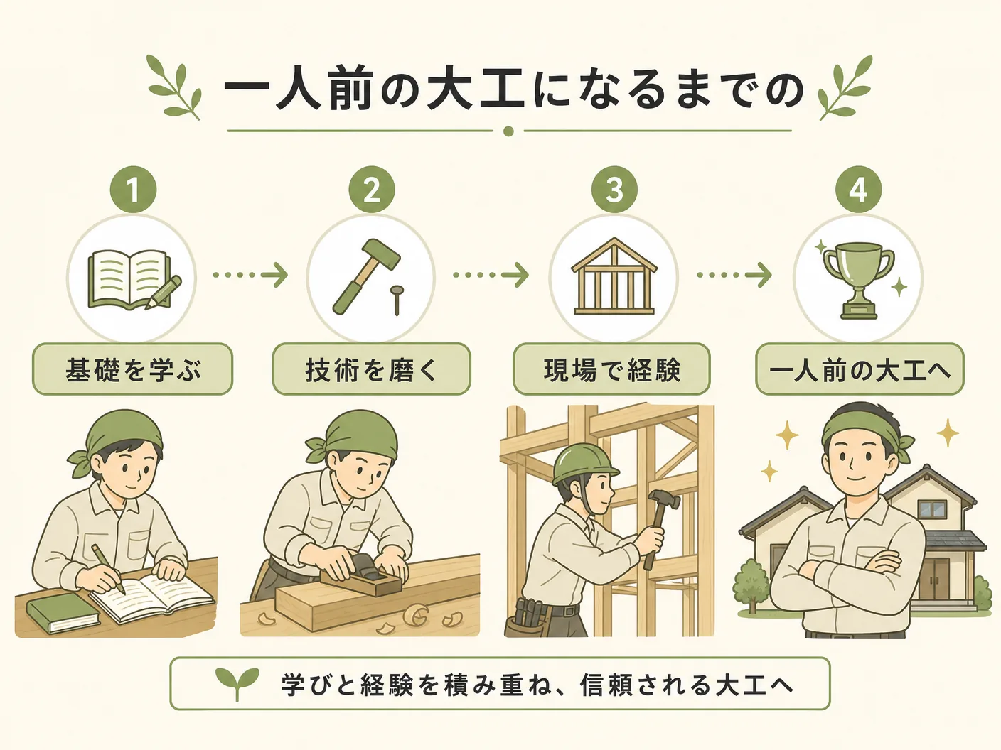 社員大工 工務店の一人前の大工になるまでの育成ステップを表す図解イラスト