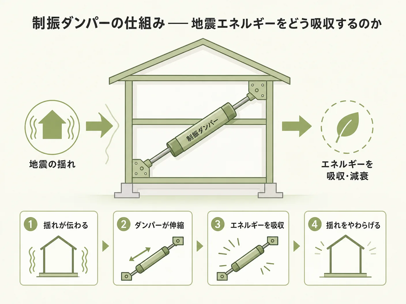 効果の制振ダンパーの仕組み——地震エネルギーをどう吸収するのかを表す図解イラスト