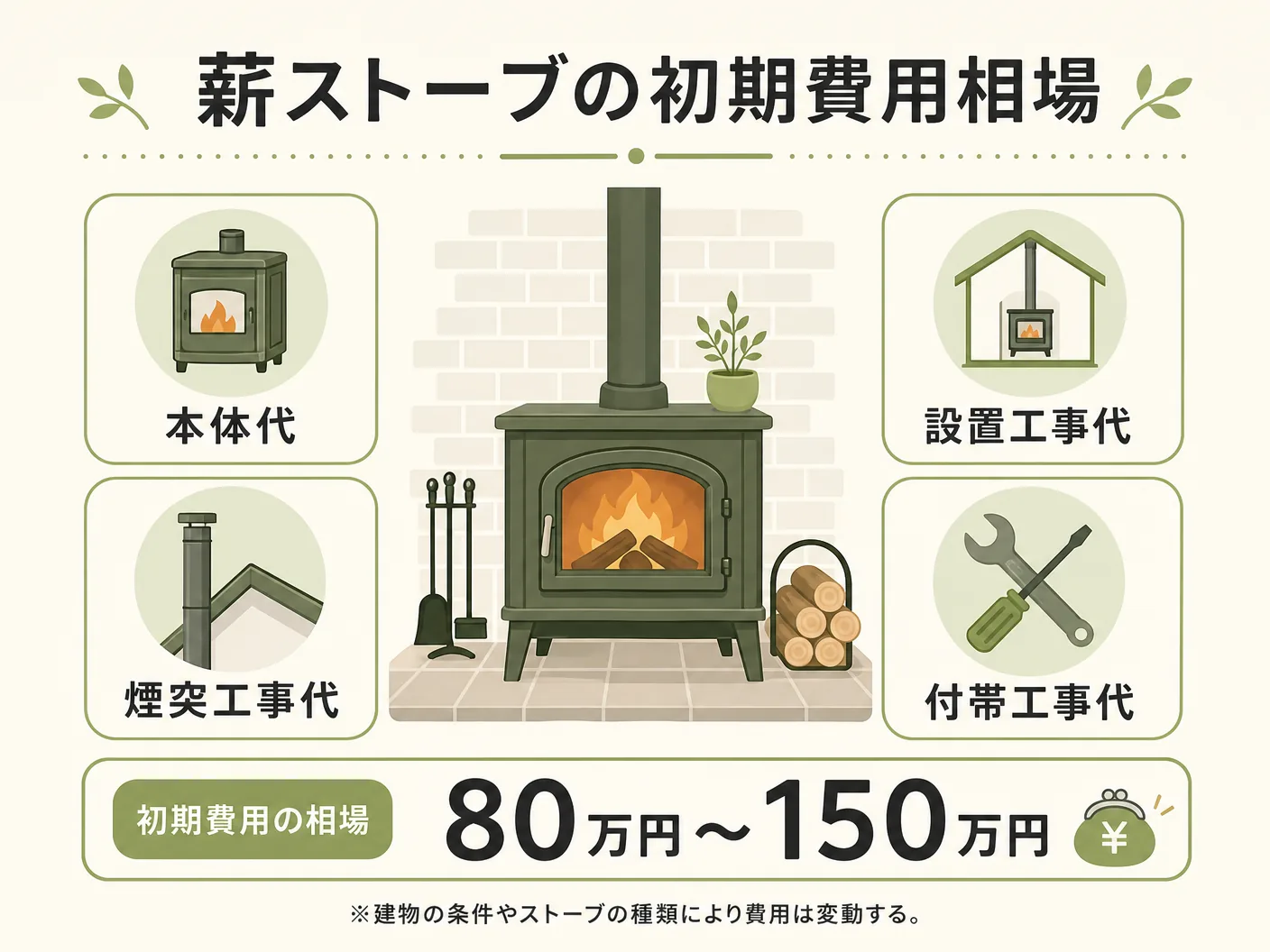 維持費の薪ストーブの初期費用の内訳と相場を表す図解イラスト