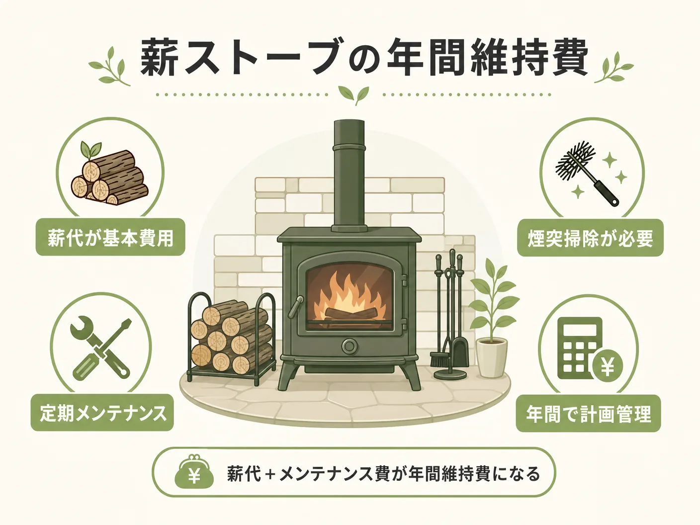 維持費 費用の薪ストーブの年間ランニングコスト（薪代・メンテナンス費）を表す図解イラスト