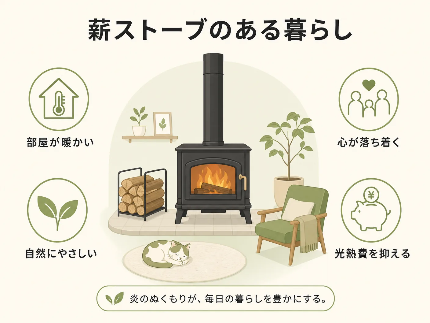 維持費 費用の薪ストーブが暮らしにもたらす豊かさとメリットを表す図解イラスト