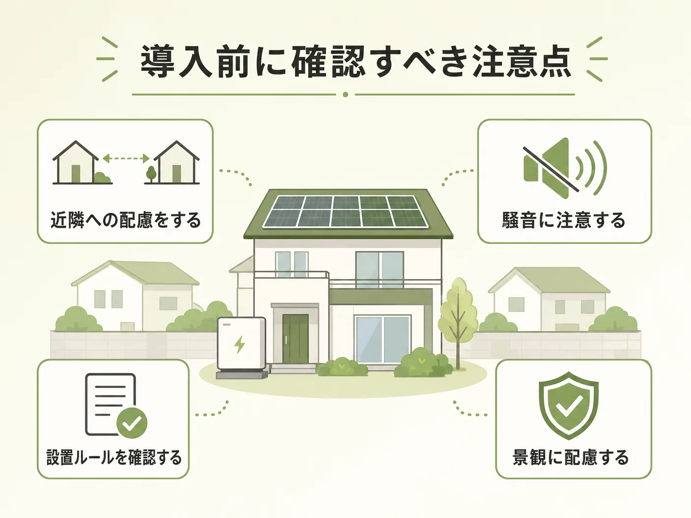 薪ストーブ 維持費 費用の導入前に確認すべき注意点（近隣・住宅環境）を表す図解イラスト