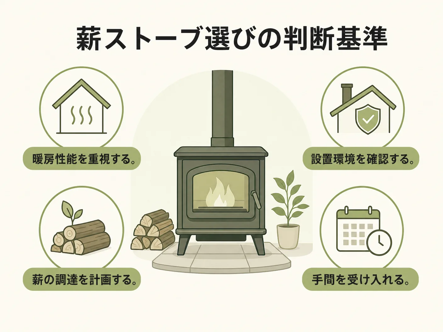 維持費 費用の薪ストーブを選ぶ前に知っておくべきこと：暮らしへの覚悟と判断基準を表す図解イラスト