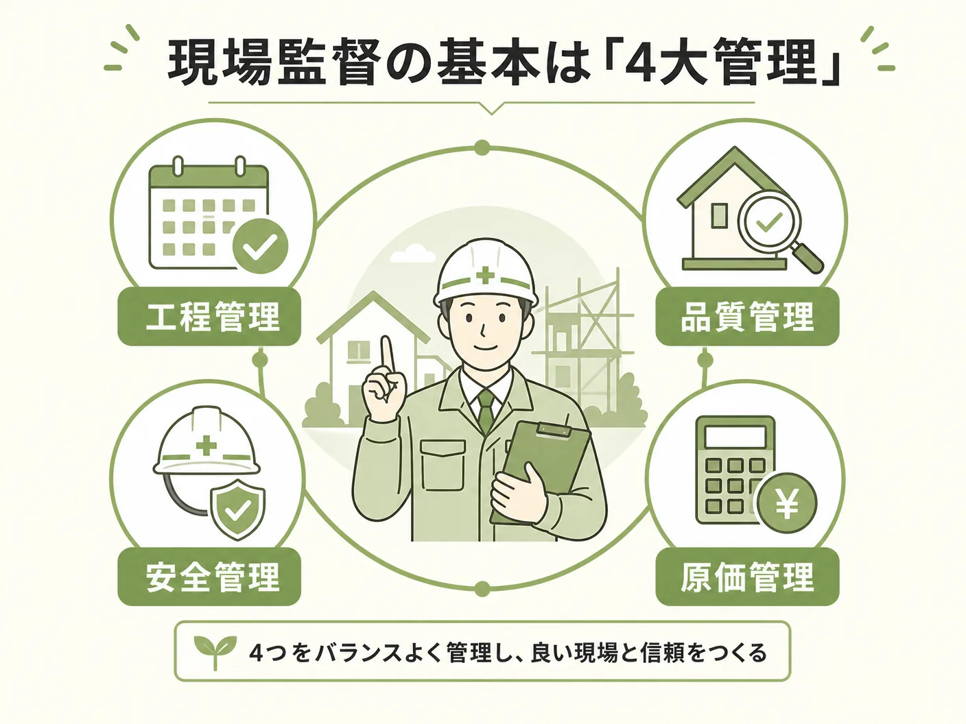 現場監督の基本は「4大管理」:工程・品質・安全・原価管理とはを表す図解イラスト