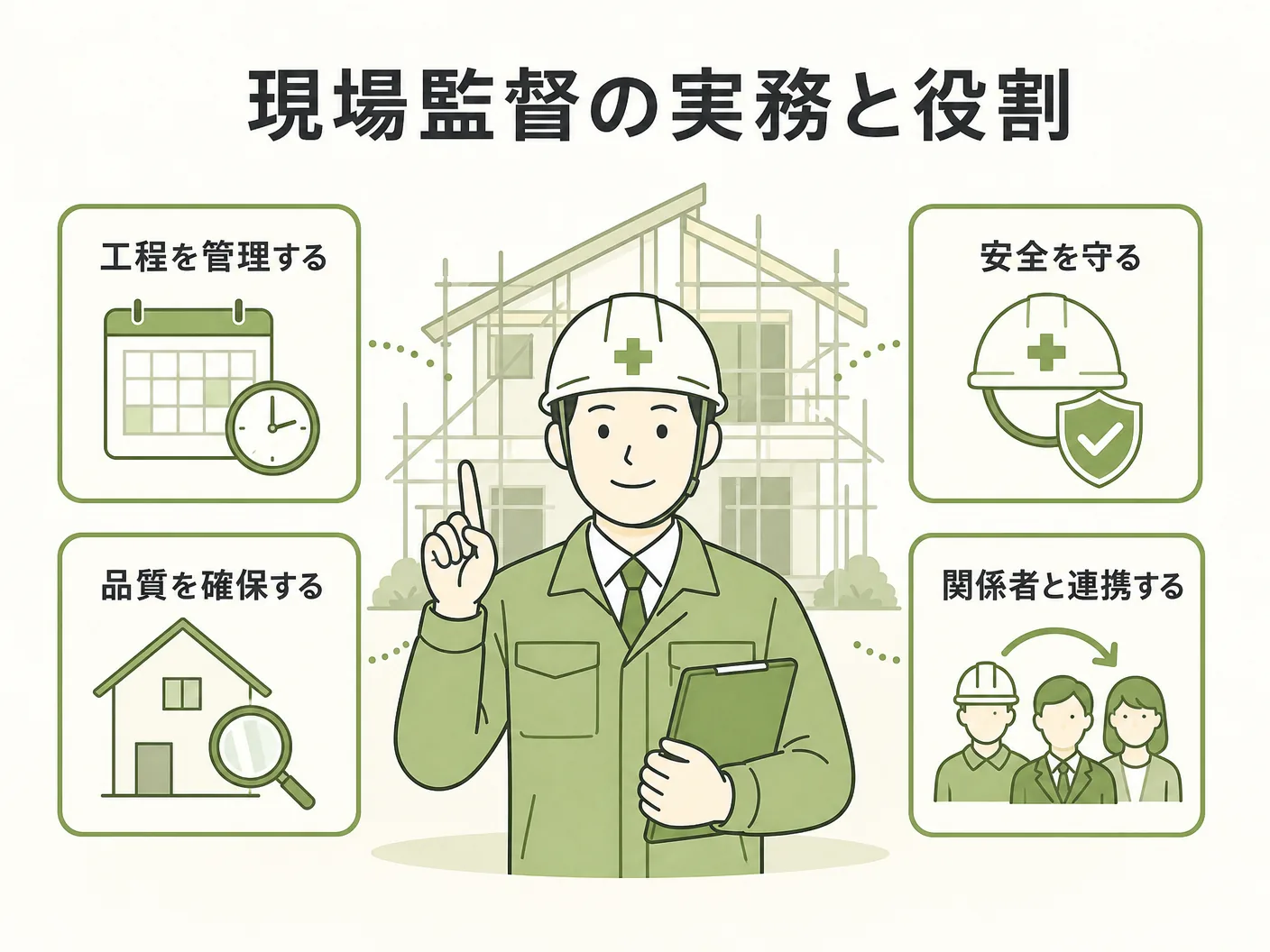 原価管理の工務店の現場監督が担う現場管理の実務：工程・品質・安全を押さえるを表す図解イラスト