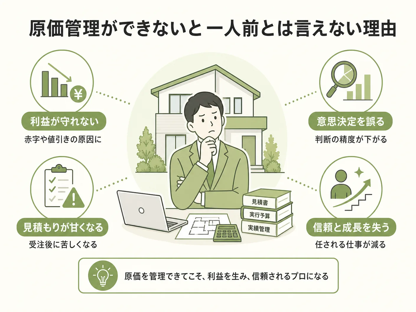 現場監督の原価管理ができないと一人前とは言えない理由を表す図解イラスト