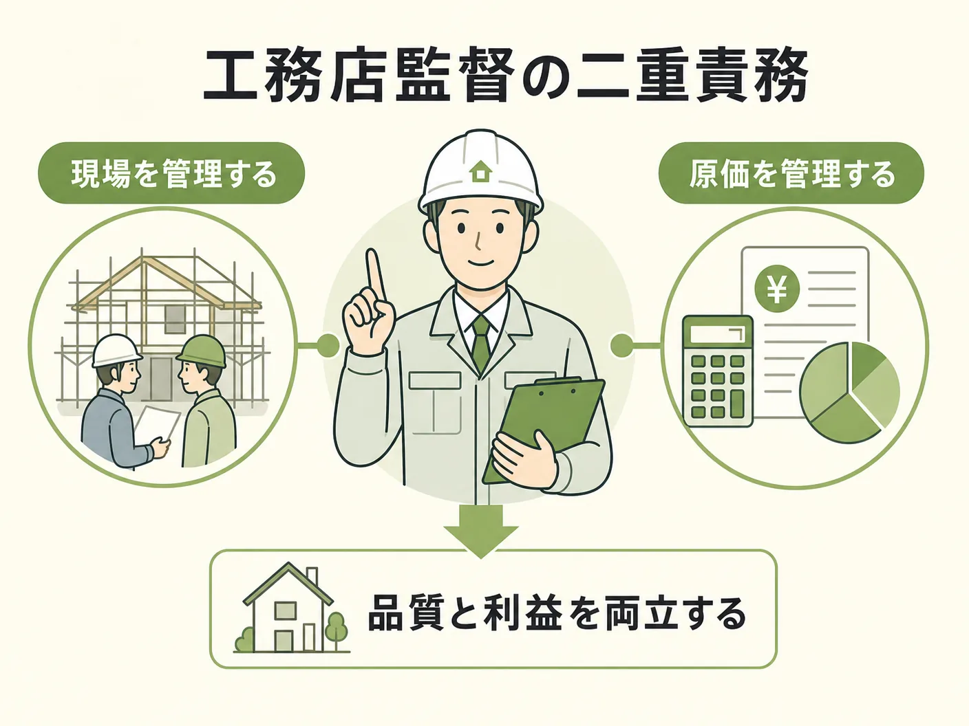 現場監督の現場管理と原価管理を両立することが工務店監督の真の役割を表す図解イラスト