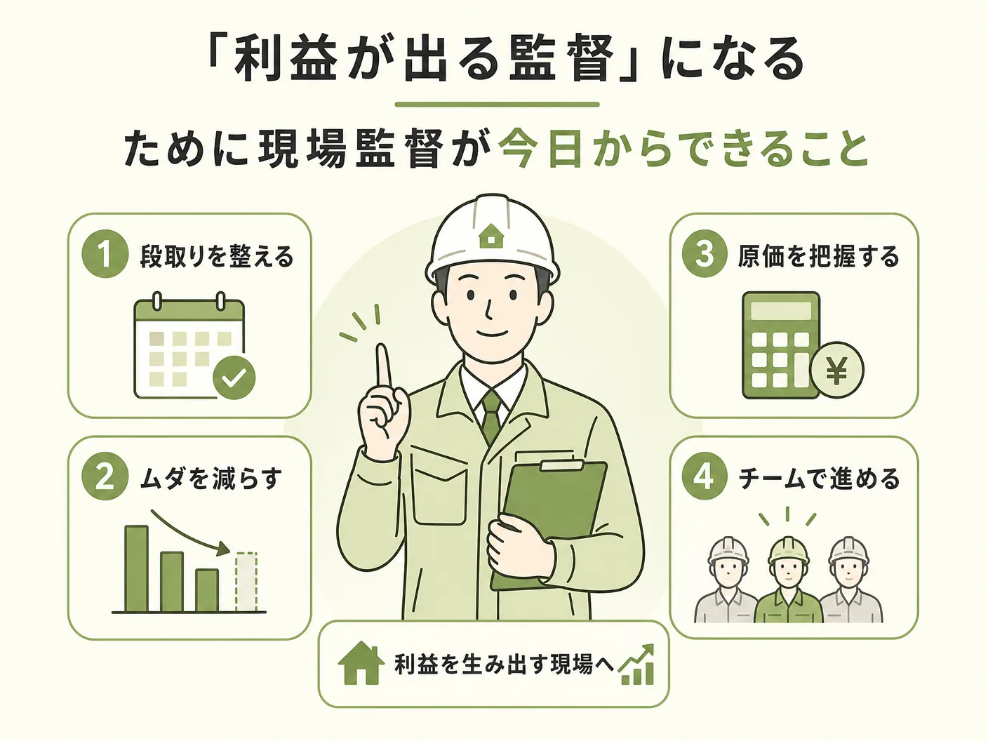 原価管理の「利益が出る監督」になるために現場監督が今日からできることを表す図解イラスト