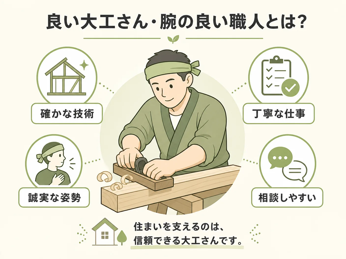 条件の良い大工さん・腕の良い職人とはどんな人かを表す図解イラスト