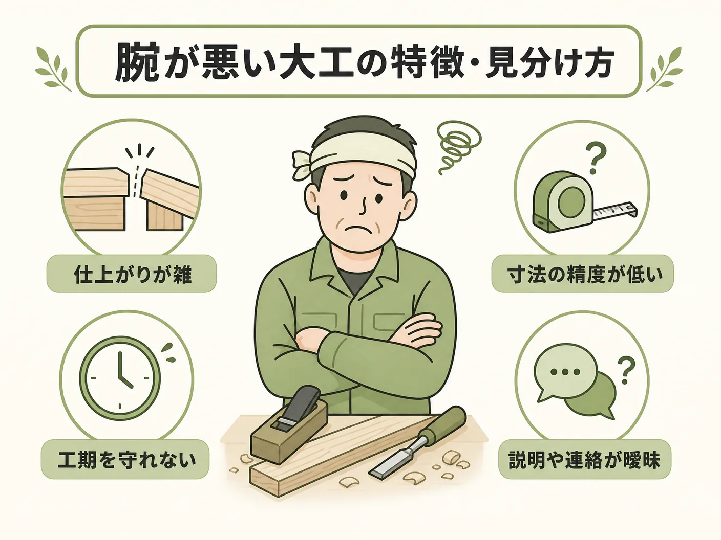 良い大工さん 職人 条件の腕が悪い大工の特徴・見分け方を表す図解イラスト