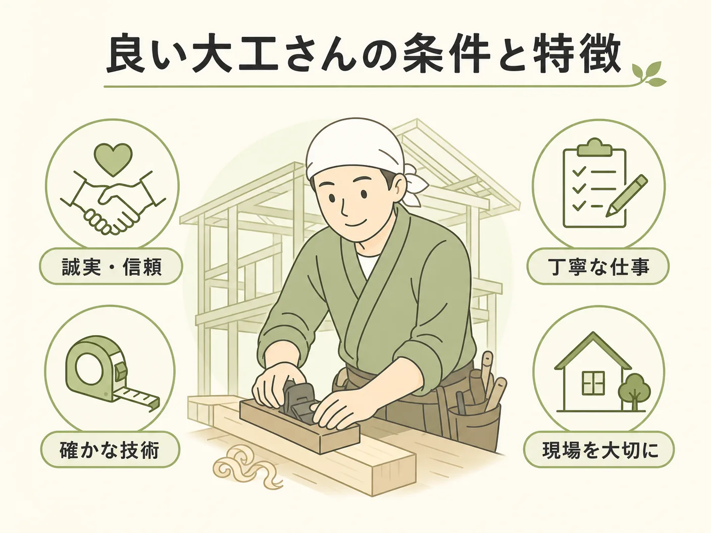 職人の良い大工さんの条件と特徴を表す図解イラスト