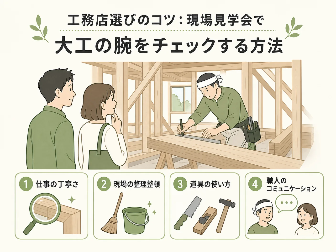 良い大工さん 職人 条件の工務店選びのコツ:現場見学会で大工の腕をチェックする方法を表す図解イラスト
