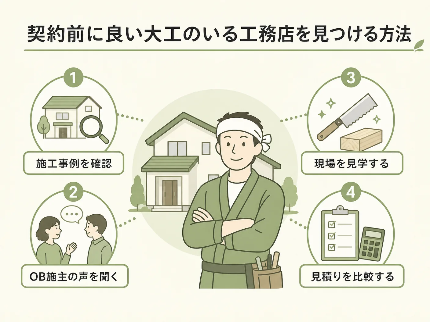 良い大工さん 職人 条件の契約前に良い大工のいる工務店を見つける方法を表す図解イラスト