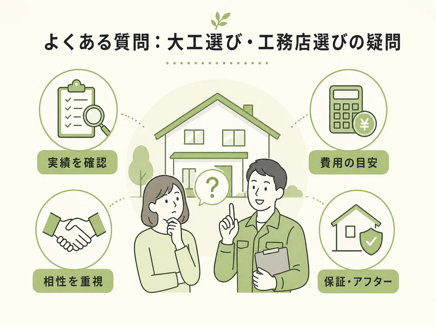 良い大工さん 職人 条件のよくある質問:大工選び・工務店選びの疑問を表す図解イラスト