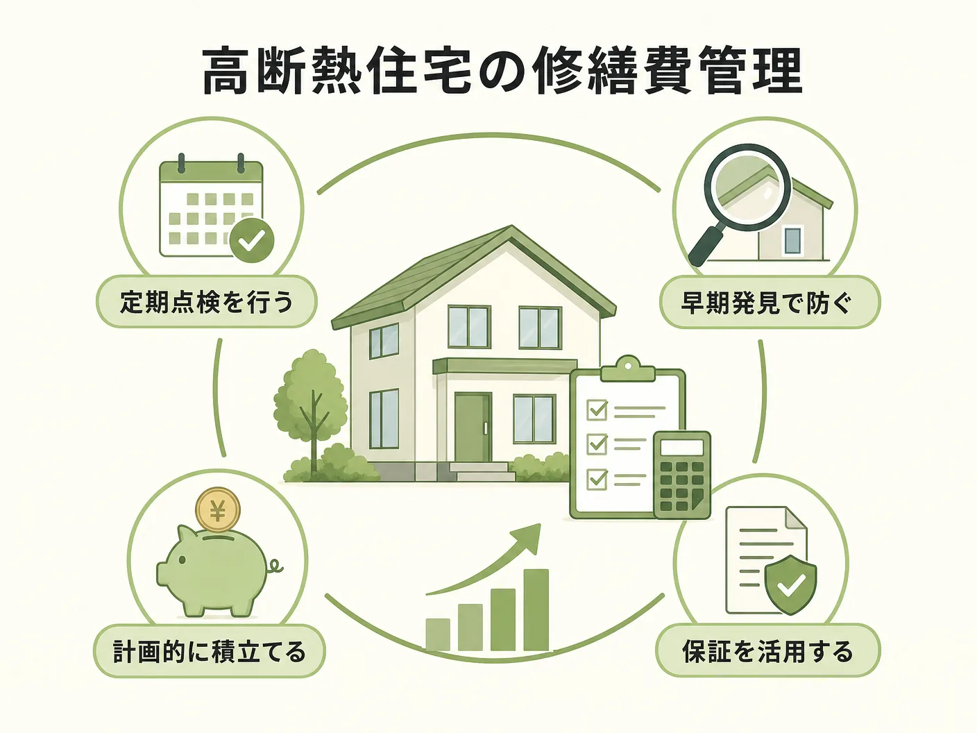 まとめ：高断熱住宅の修繕費を賢く管理するためにを表す図解イラスト