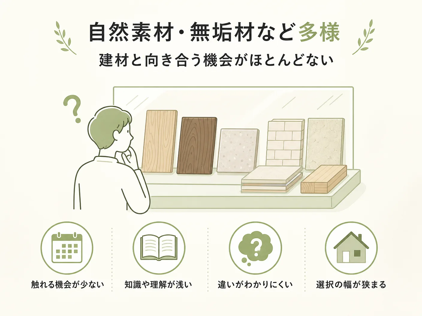 ハウスメーカー 営業マン 知識の自然素材・無垢材など多様な建材と向き合う機会がほとんどないを表す図解イラスト