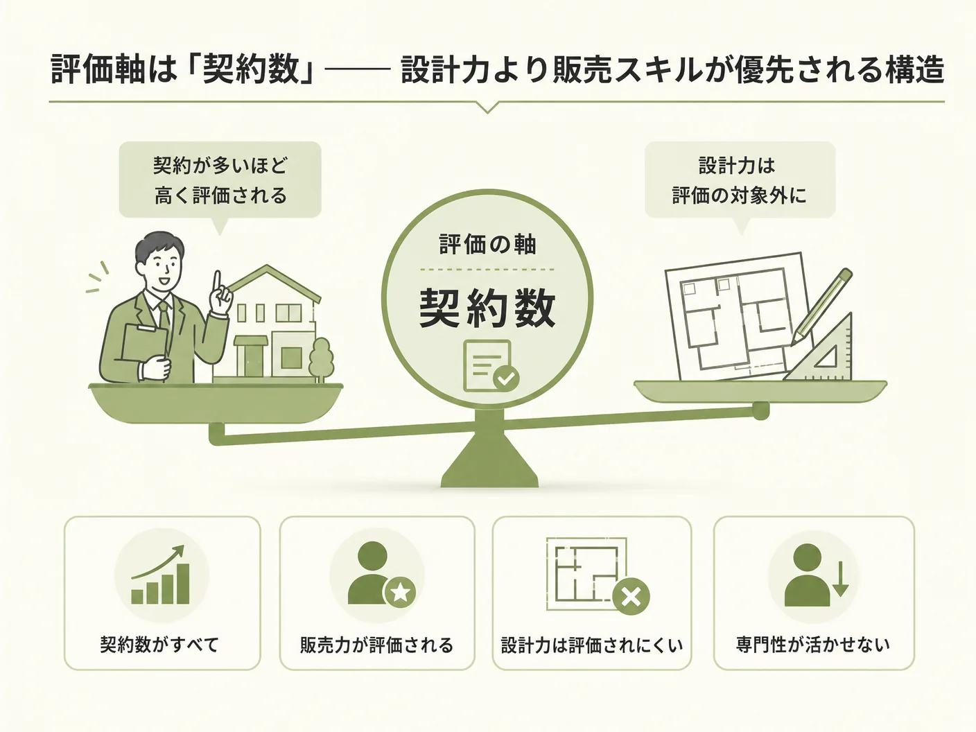 ハウスメーカー 営業マン 知識の評価軸は「契約数」──設計力より販売スキルが優先される構造を表す図解イラスト