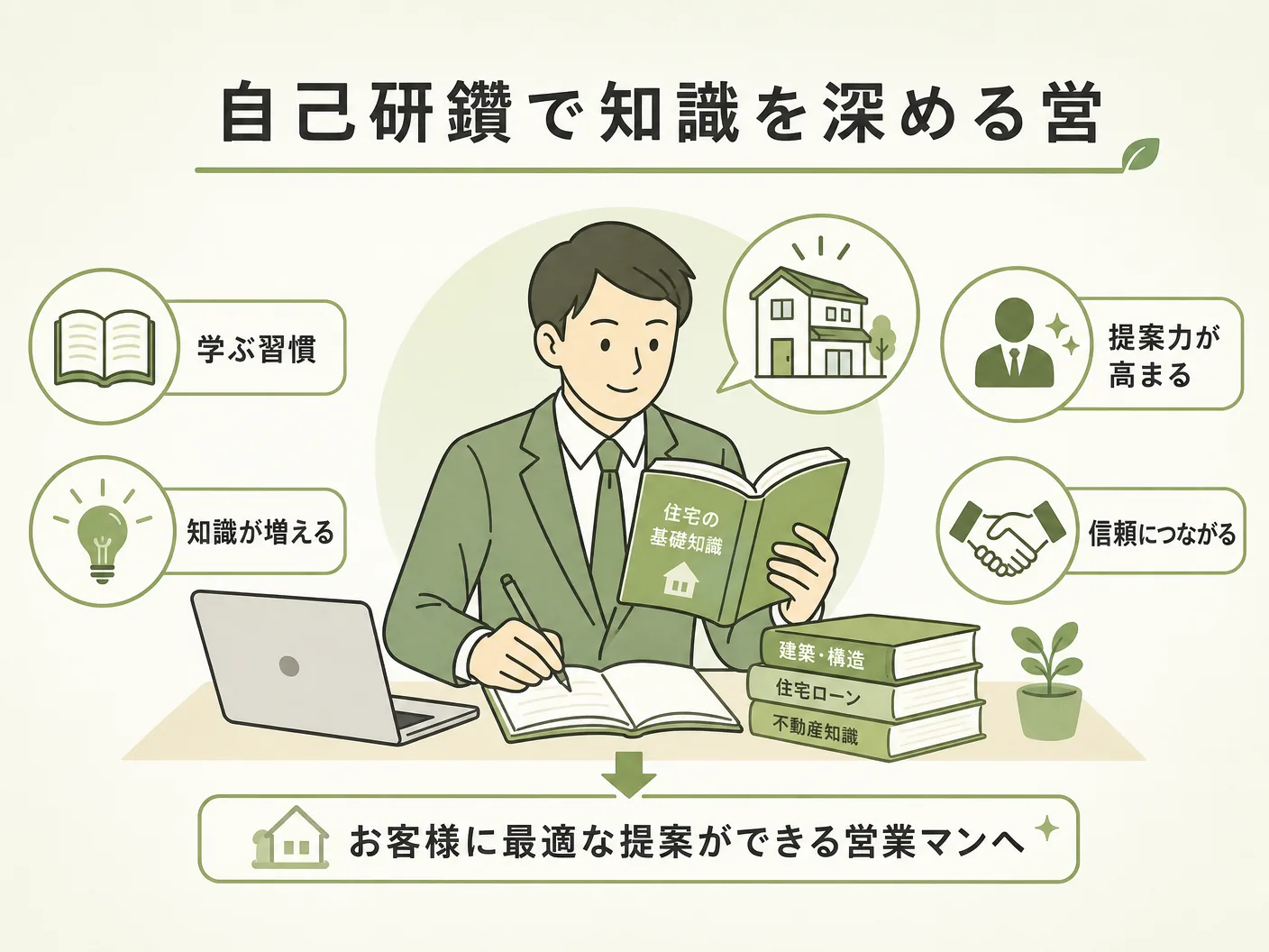 ハウスメーカーの自己研鑽で知識を深める営業マンも存在するを表す図解イラスト