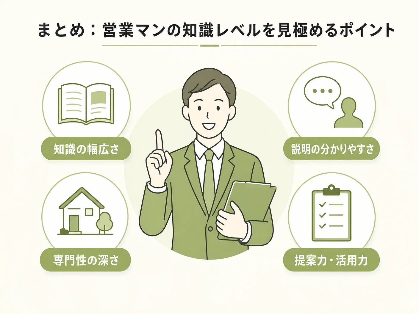 ハウスメーカーのまとめ:営業マンの知識レベルを見極めるポイントを表す図解イラスト