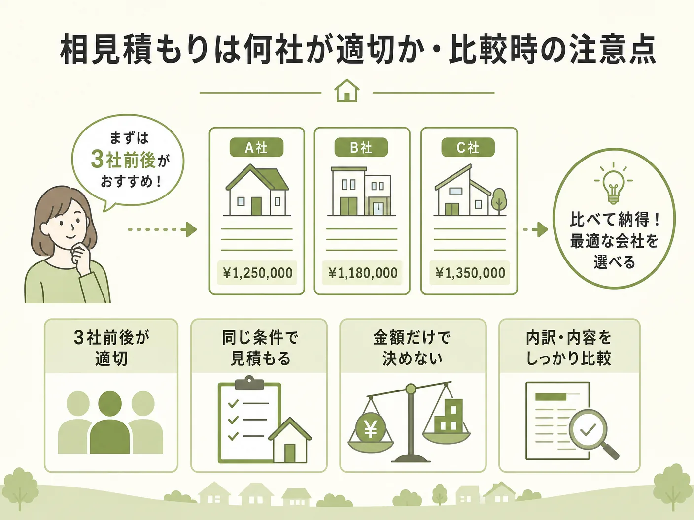 家づくりの相見積もりは何社が適切か・比較時の注意点を表す図解イラスト