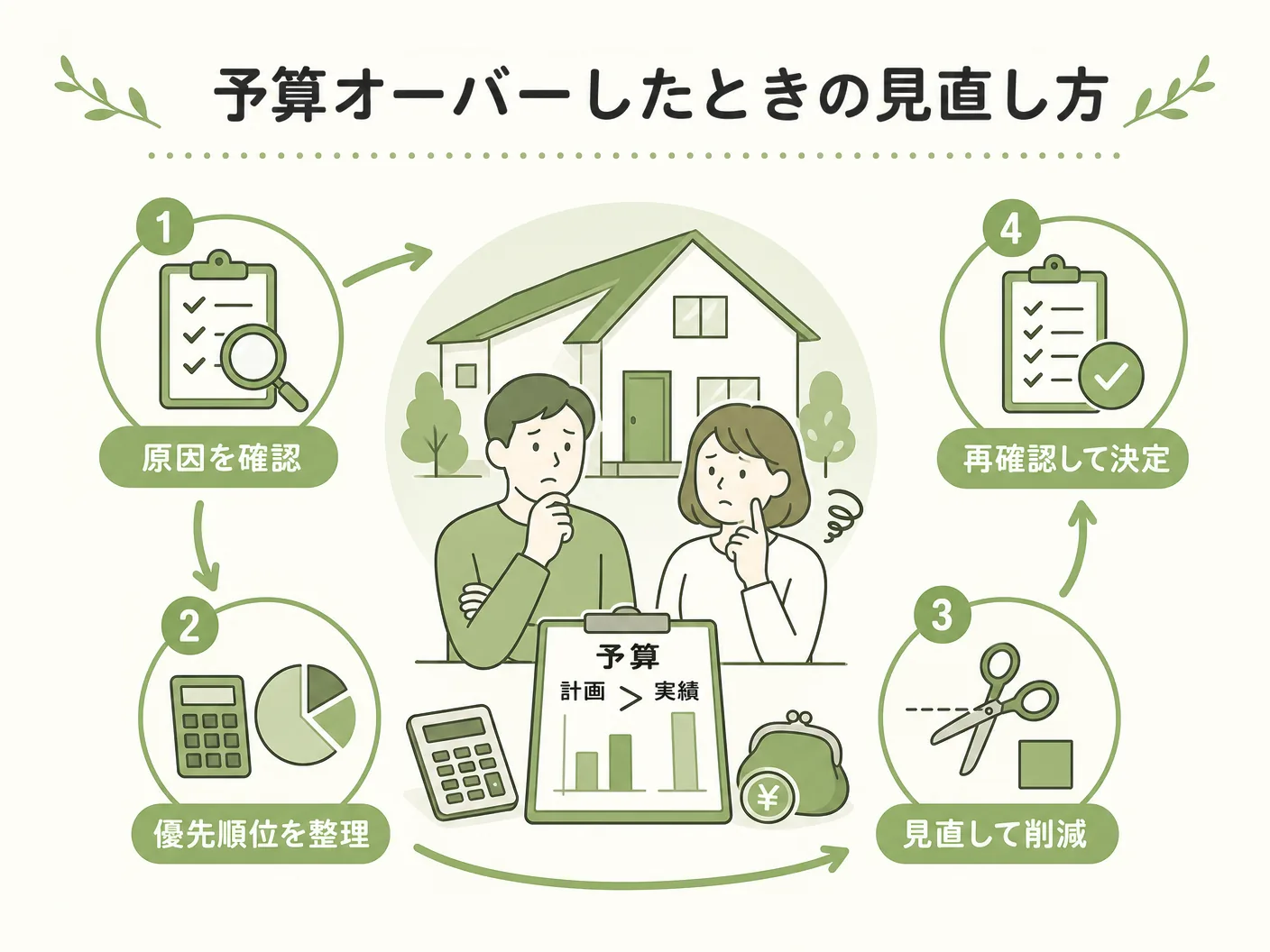 家づくり 見積もり 注意点の予算オーバーしたときの見直し方を表す図解イラスト