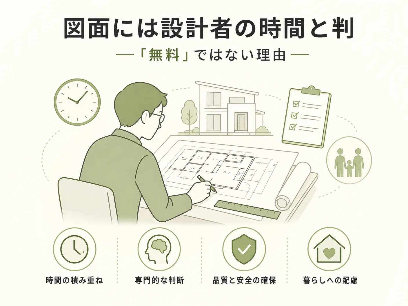 家づくり 相見積もり タイミングの図面には設計者の時間と判断が詰まっている——「無料」ではない理由を表す図解イラスト