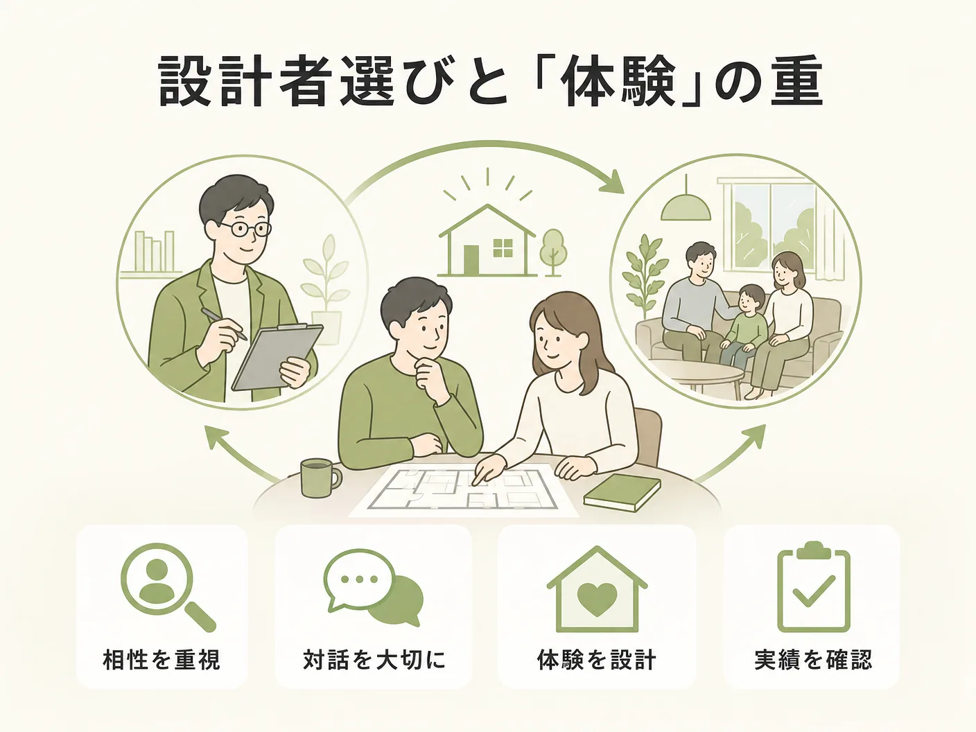 中間領域 間取り設計の設計者選びと「体験」の重要性を表す図解イラスト