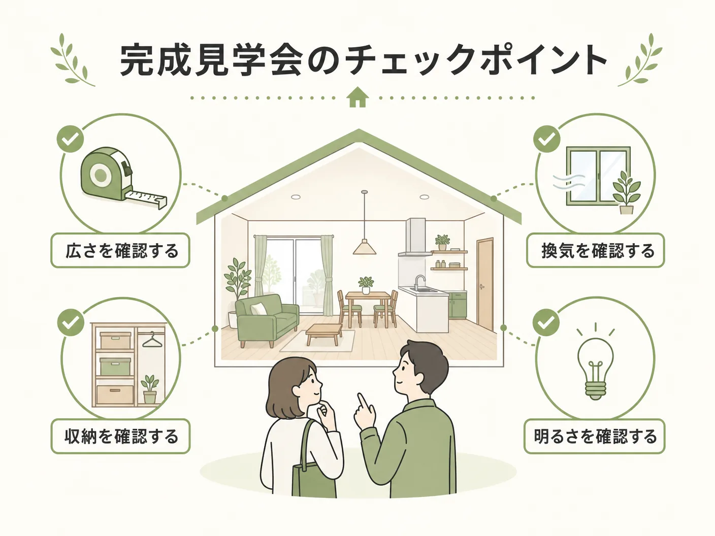完成見学会で見るべきチェックポイントを表す図解イラスト