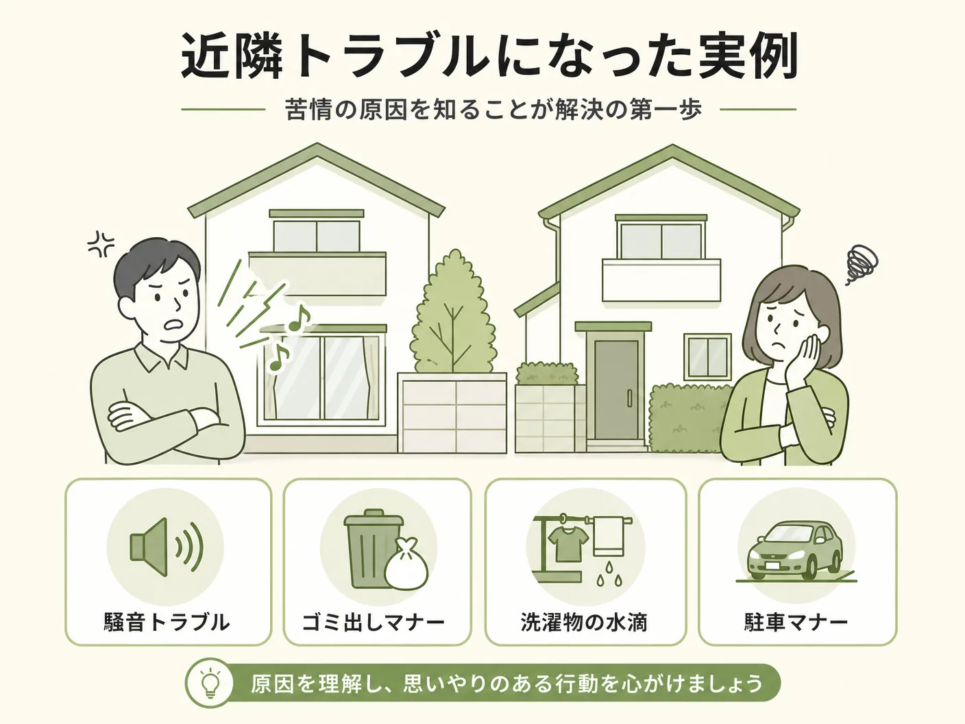 乾太くん 騒音 対策の近隣トラブルになった実例と苦情の原因を表す図解イラスト