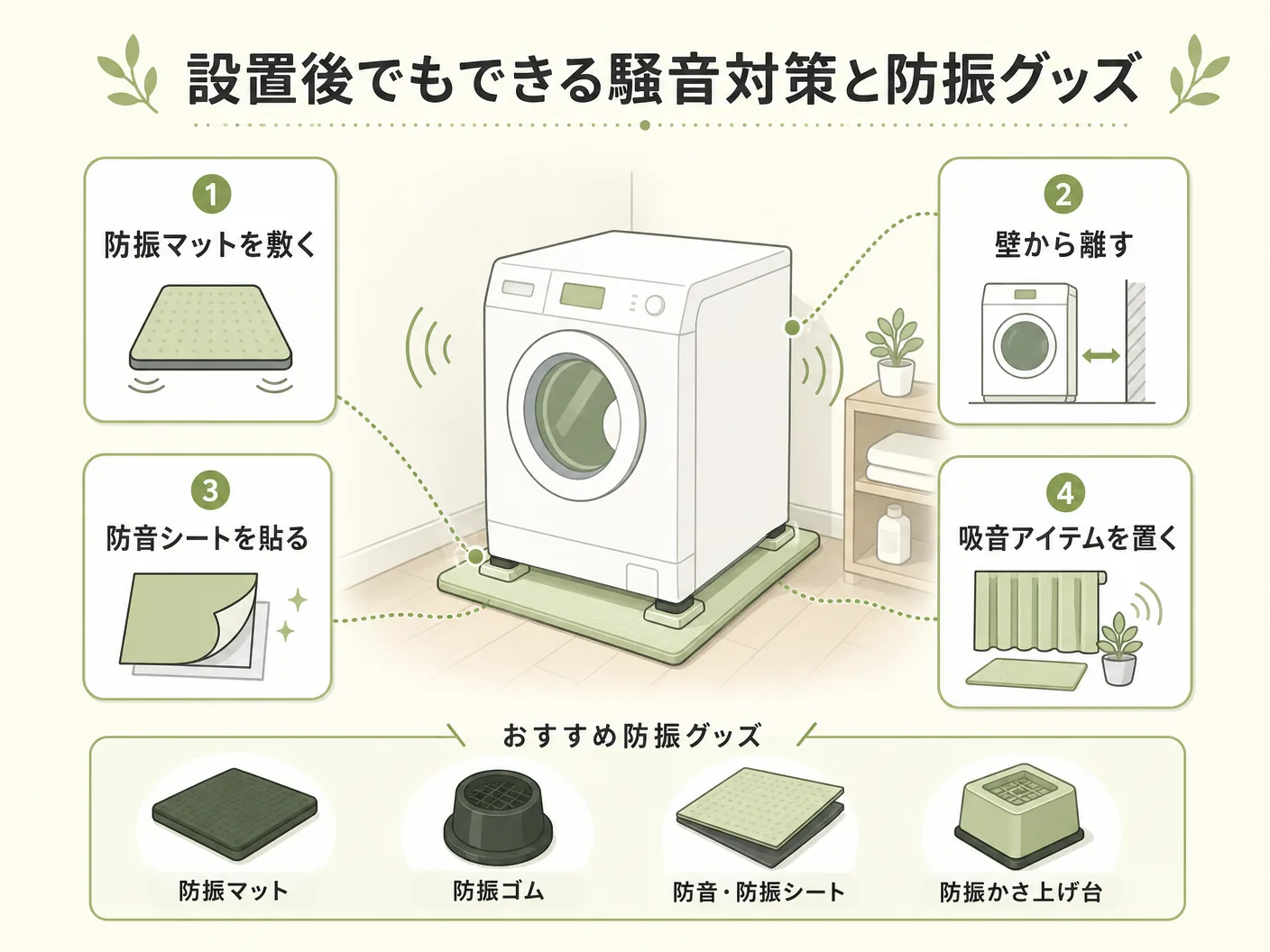 乾太くんの設置後でもできる騒音対策と防振グッズを表す図解イラスト