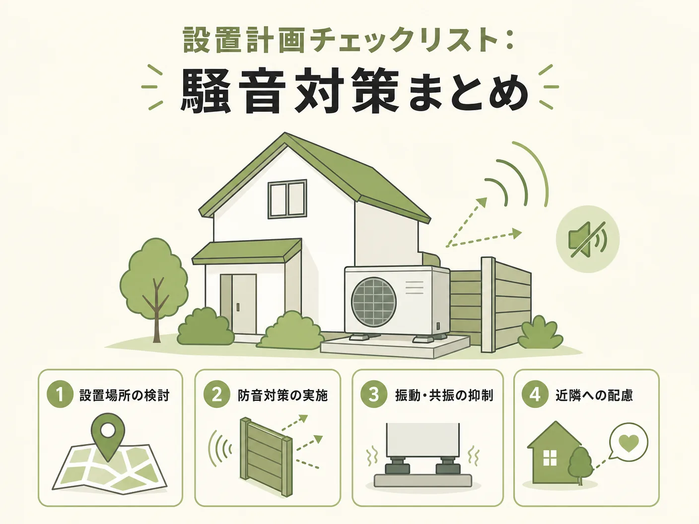 乾太くんの設置計画チェックリスト：騒音対策まとめを表す図解イラスト