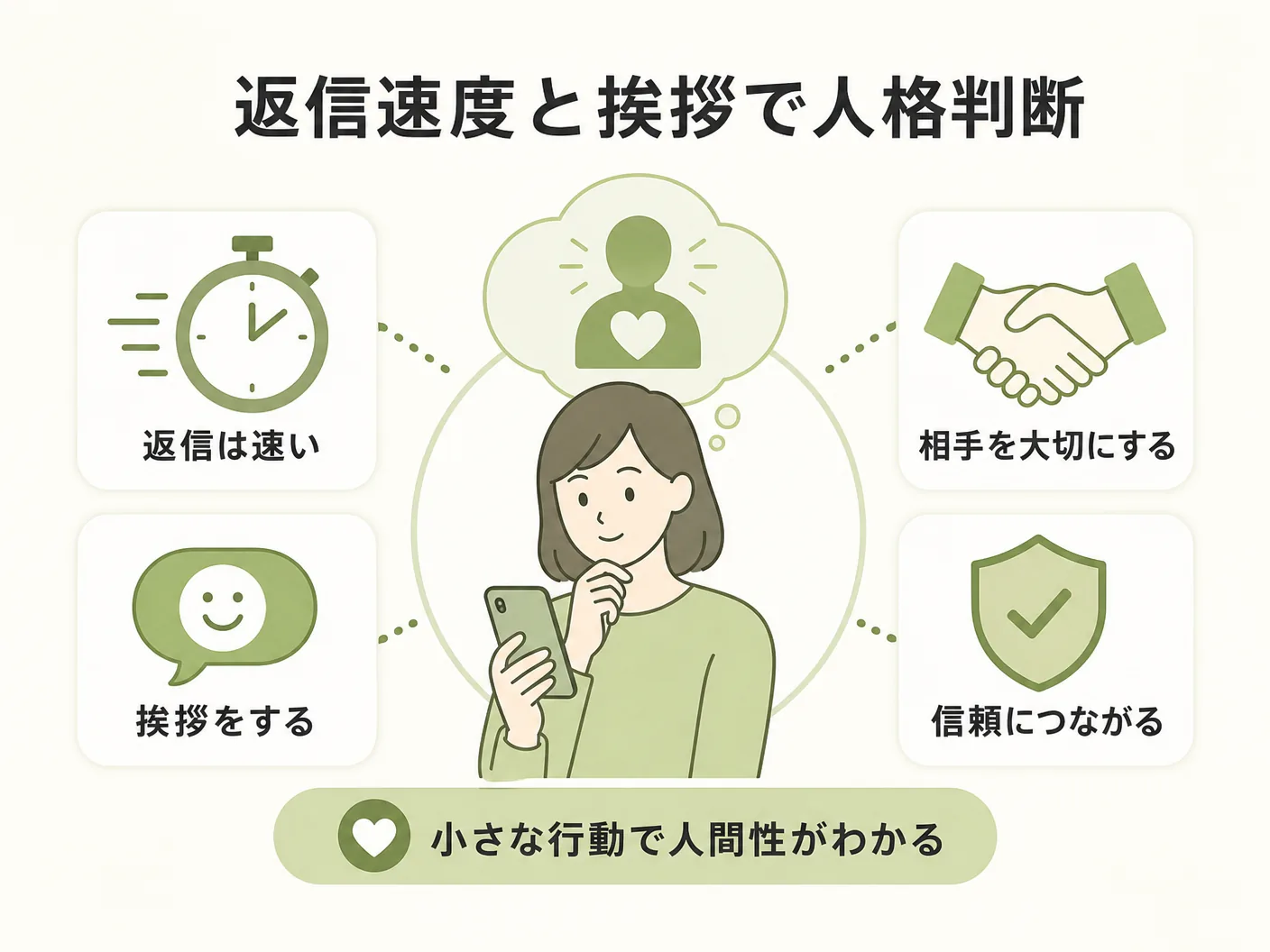 工務店 選び方 見極めの返信の速さと挨拶で「人間性」を測るを表す図解イラスト