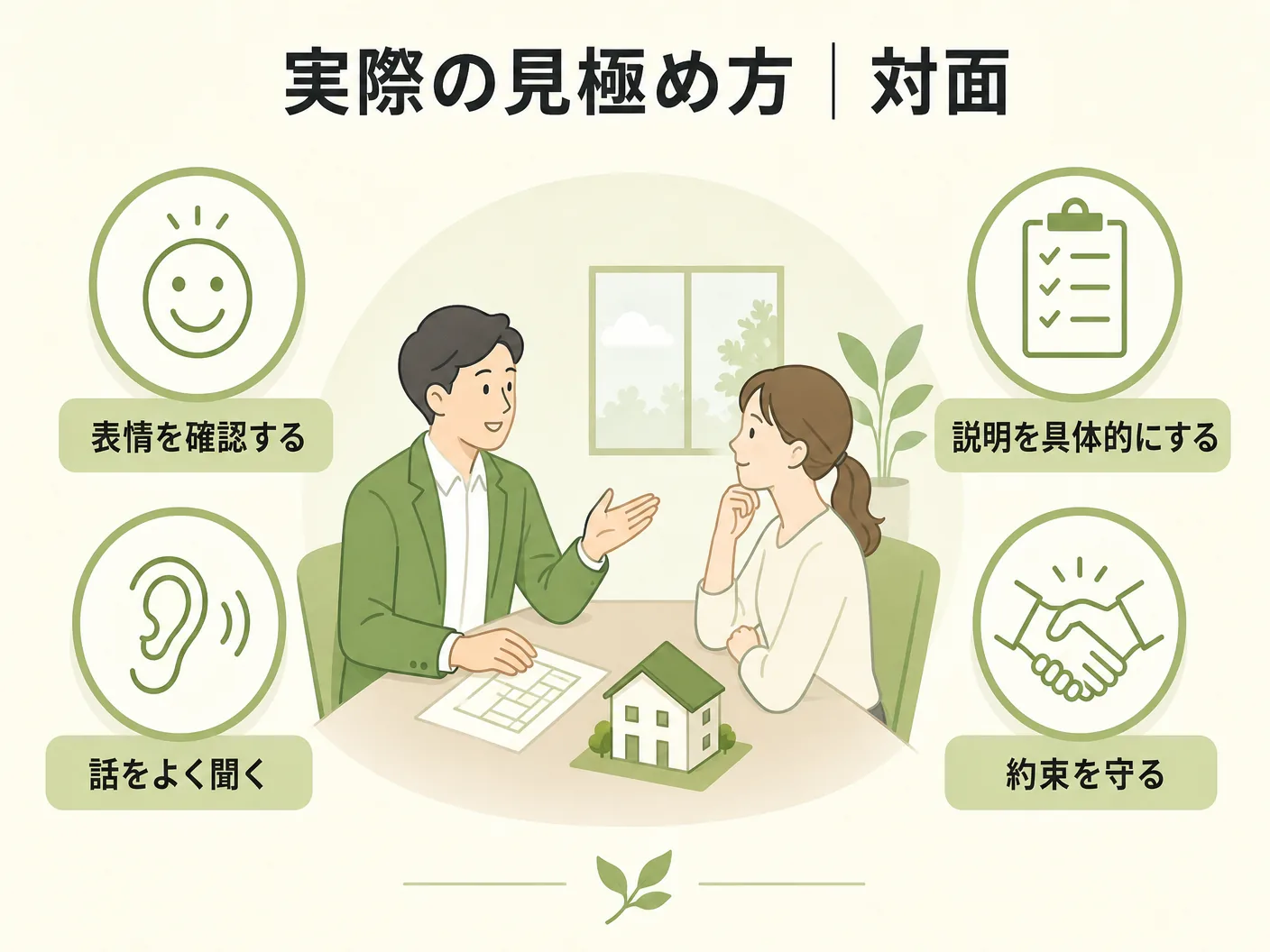 工務店 選び方の実際の見極め方｜対面・やりとりで確かめるべきことを表す図解イラスト
