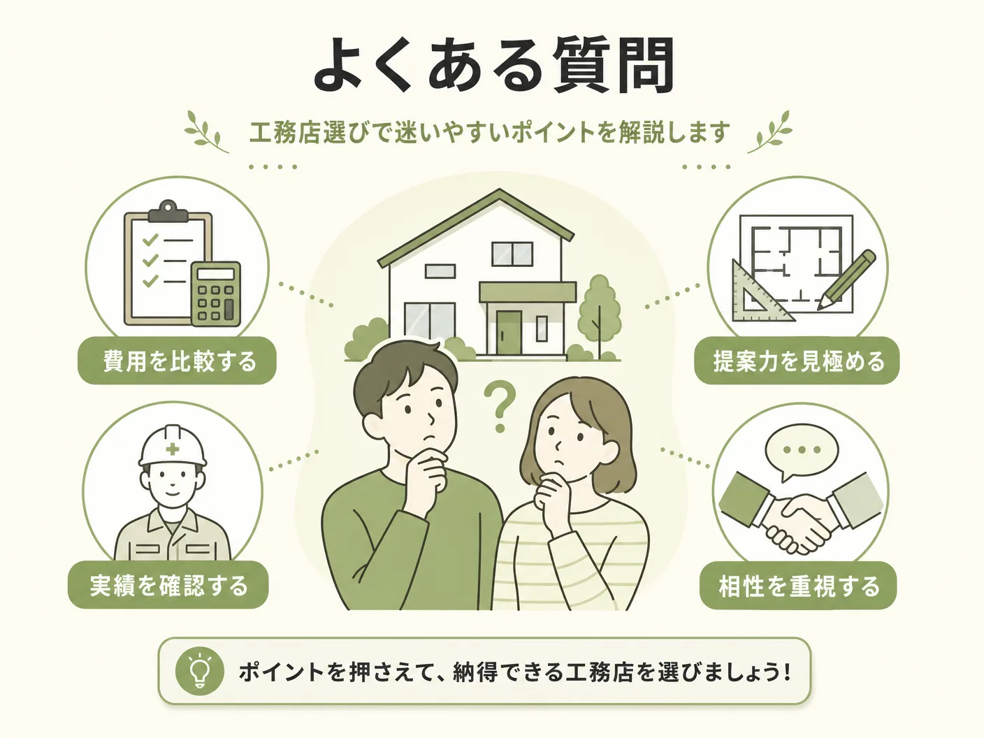 選び方 見極めのよくある質問｜工務店選びで迷いやすいポイントを表す図解イラスト
