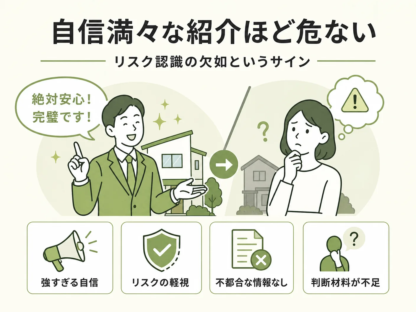 工務店 インフルエンサーの自信満々な紹介ほど危ない——リスク認識の欠如というサインを表す図解イラスト